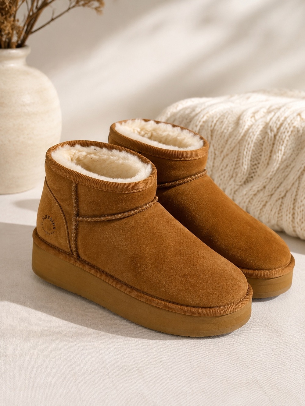 Fireside by Dearfoams Women’s 9 Chestnut Suede Shearling Platform Ankle Boots